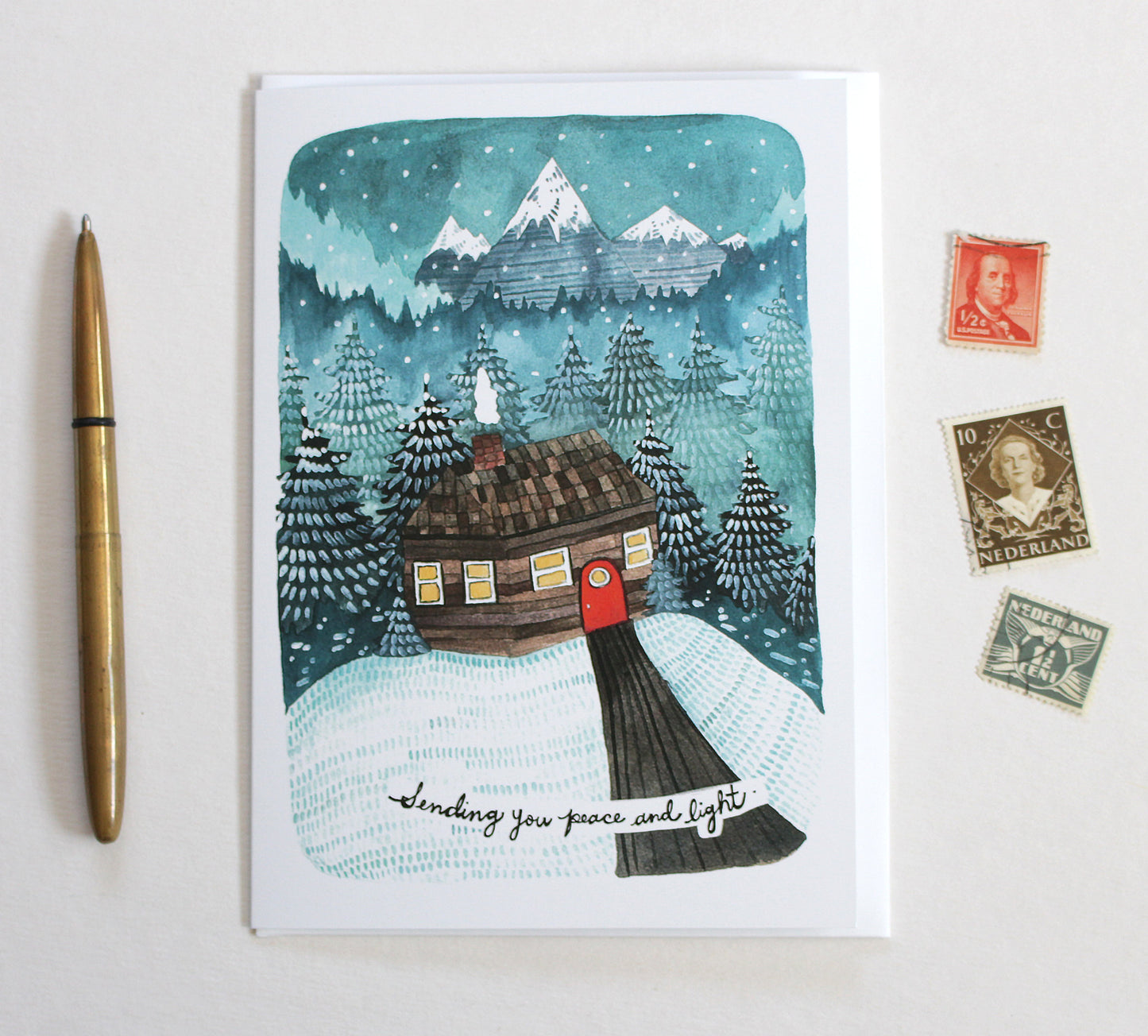 Cozy Cabin Holiday Card - Sending Peace and Light