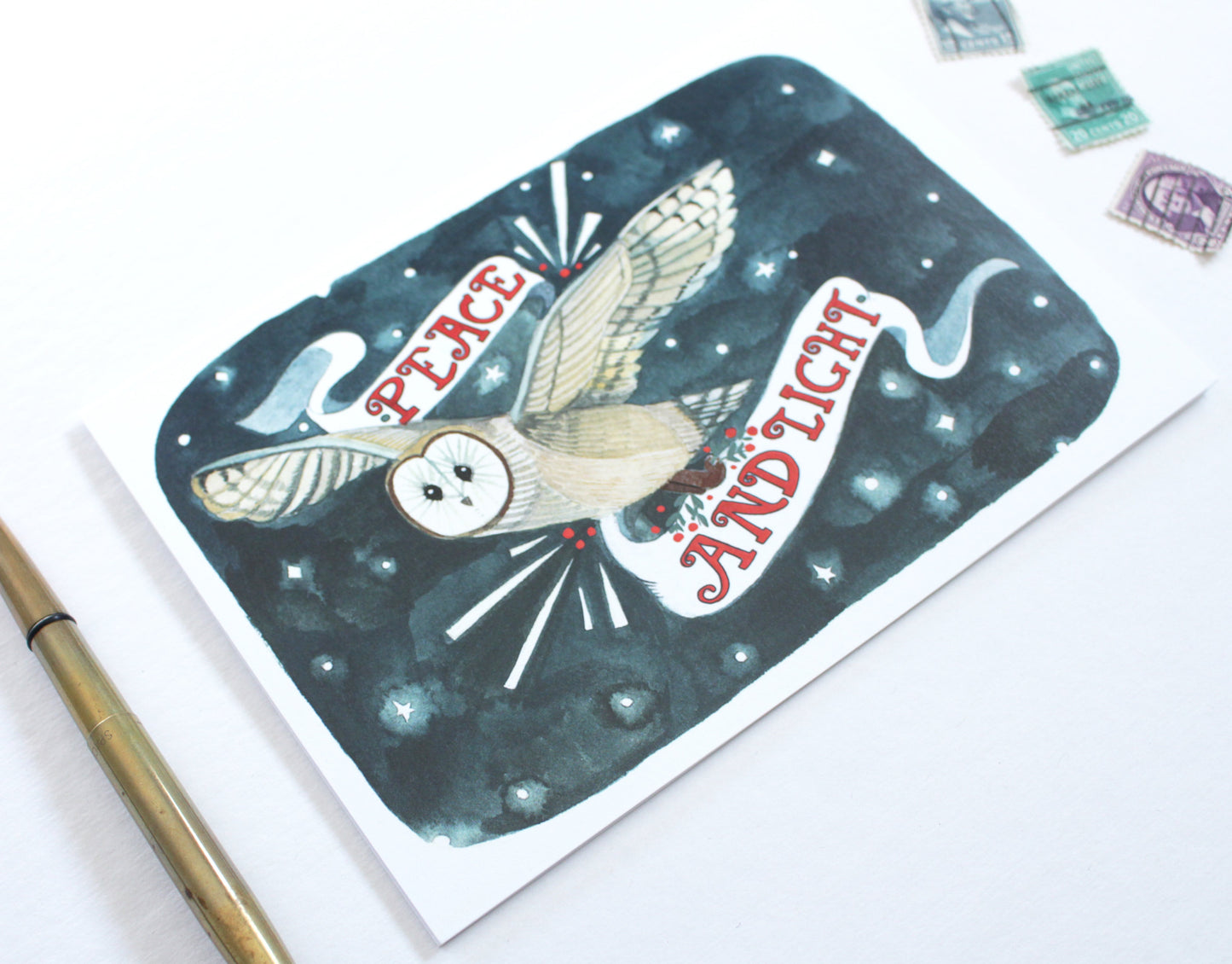 Hand Drawn Blank Illustrated Owl Holiday Card - Peace and Light