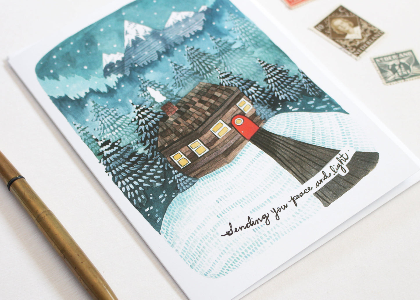 Cozy Cabin Holiday Card - Sending Peace and Light