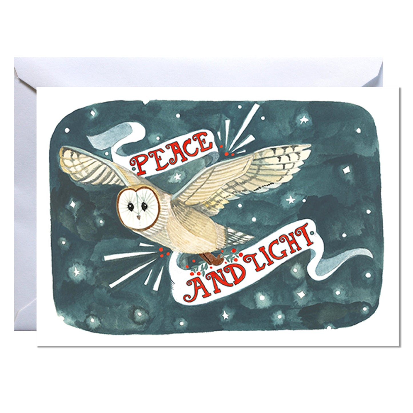 Greeting card with an owl illustration and 'Peace and Light' text on a dark blue background.