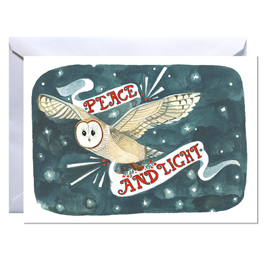 Greeting card with an owl illustration and 'Peace and Light' text on a dark blue background.