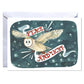 Greeting card with an owl illustration and 'Peace and Light' text on a dark blue background.