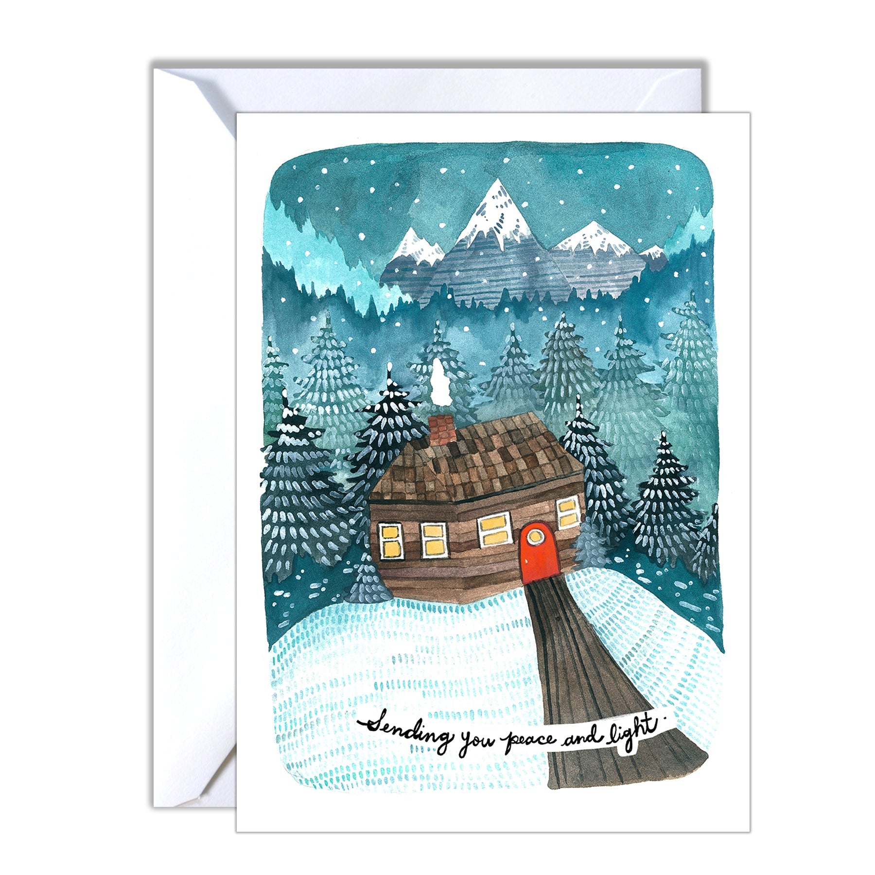Greeting card with a winter scene featuring a cabin and mountains, with text 'Sending you peace and light'.