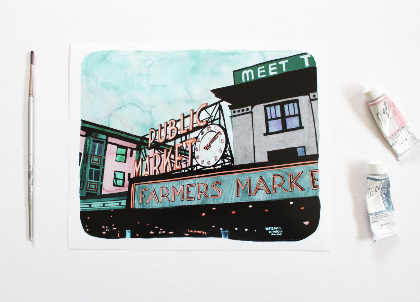 Seattle Illustrated Art Print - Pike Place Market 8x10" Print