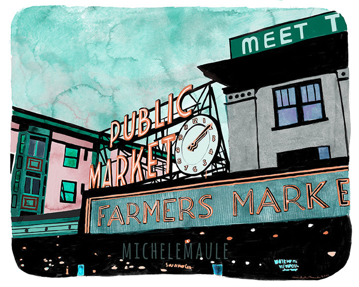 Seattle Illustrated Art Print - Pike Place Market 8x10" Print