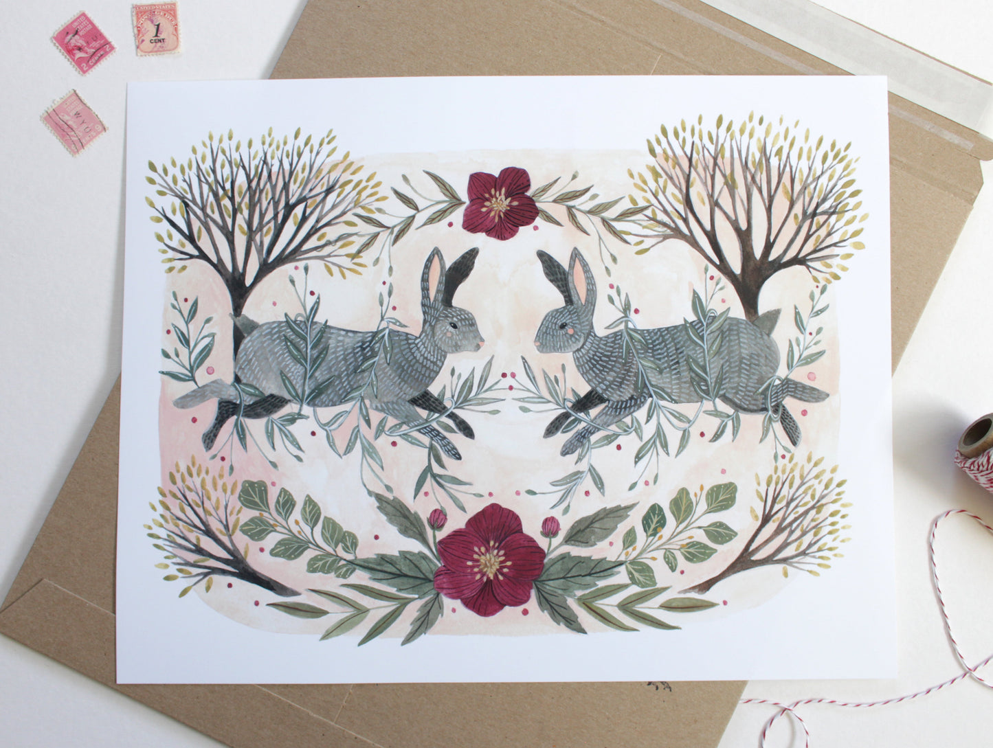 Two Spring Rabbits with Hellebore and Blooming Trees