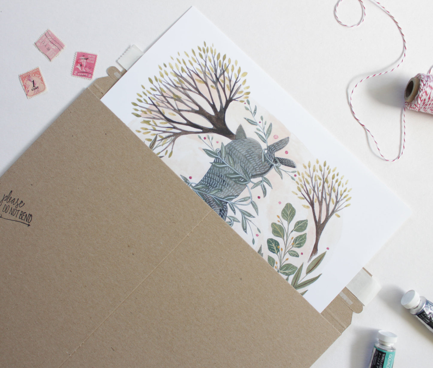 Two Spring Rabbits with Hellebore and Blooming Trees