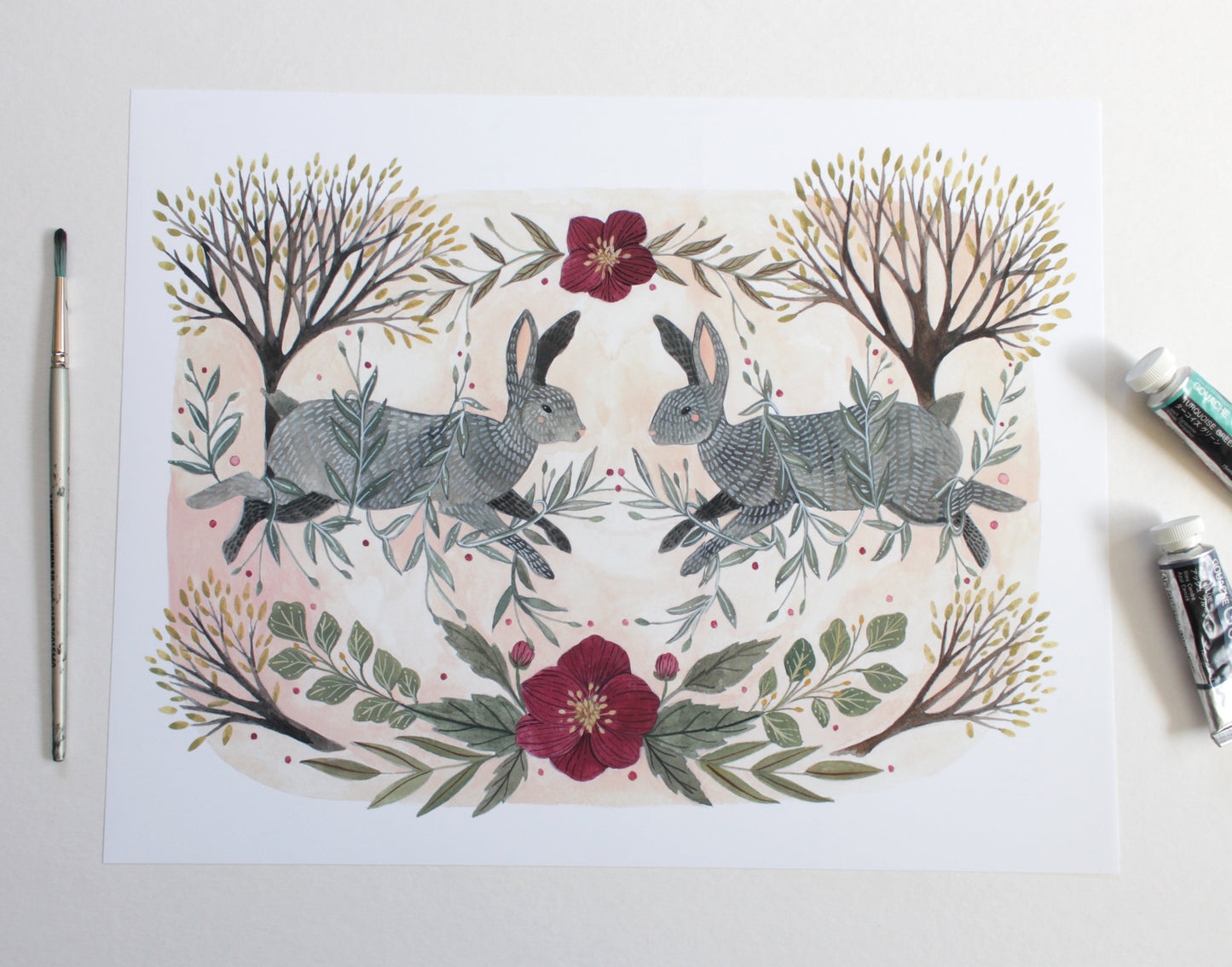 Two Spring Rabbits with Hellebore and Blooming Trees