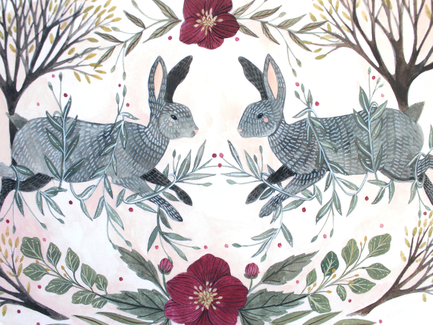 Two Spring Rabbits with Hellebore and Blooming Trees