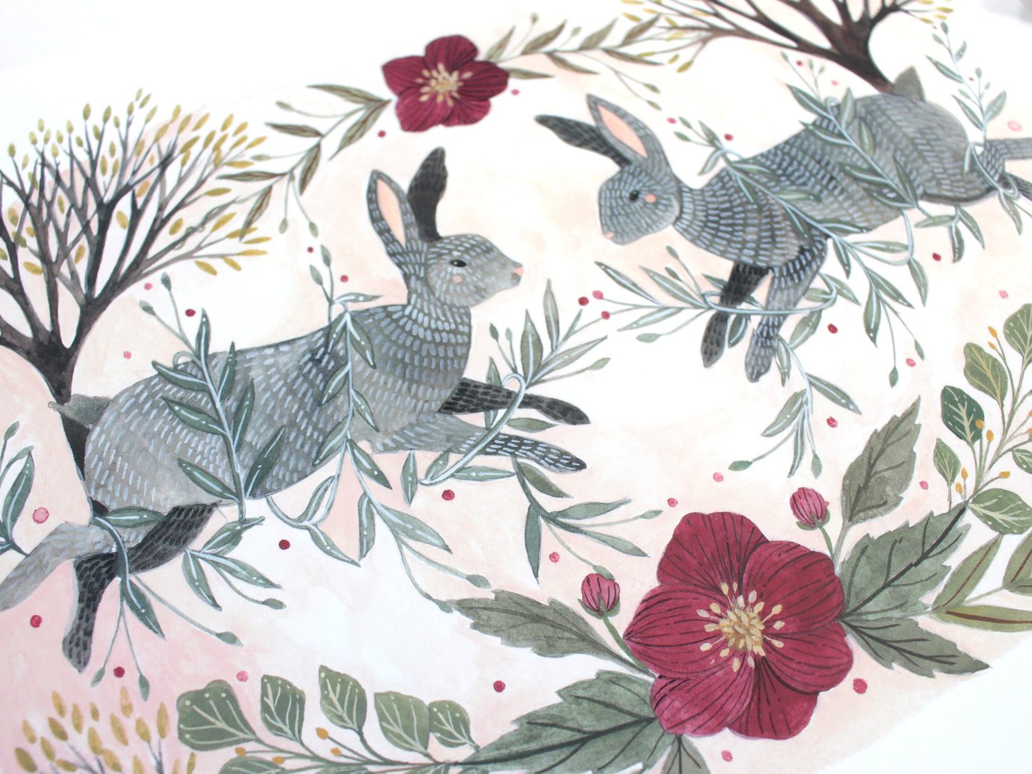 Two Spring Rabbits with Hellebore and Blooming Trees