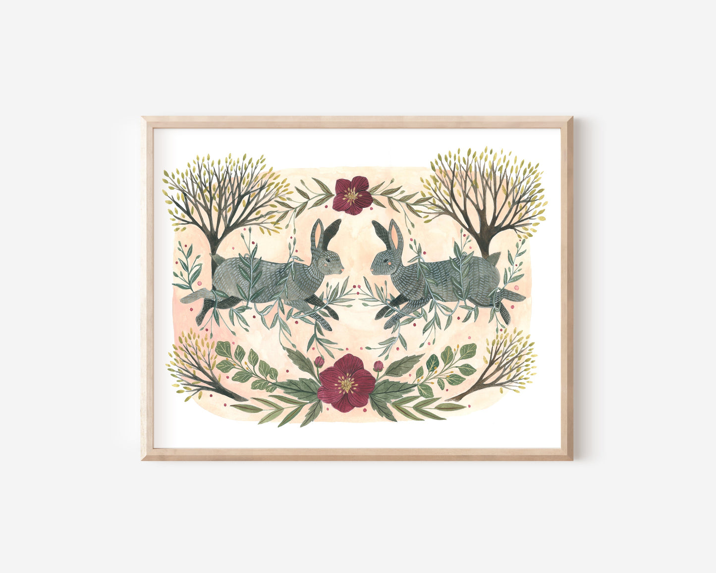 Two Spring Rabbits with Hellebore and Blooming Trees