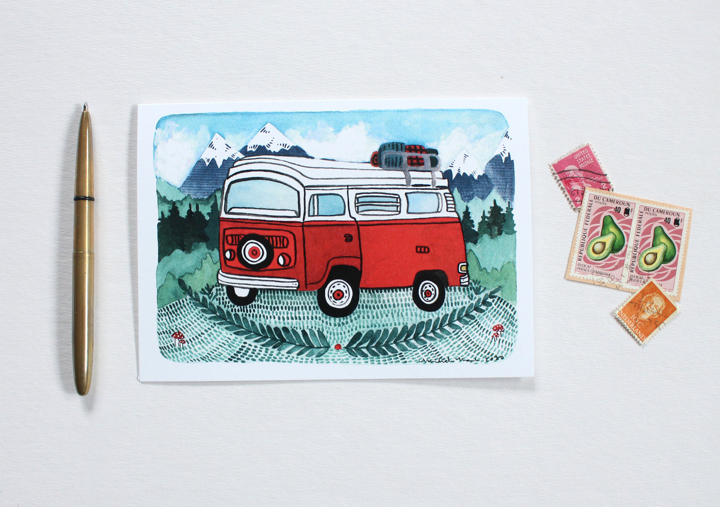 Whimsical Red Camper Van Greeting Card for Everyday Adventures
