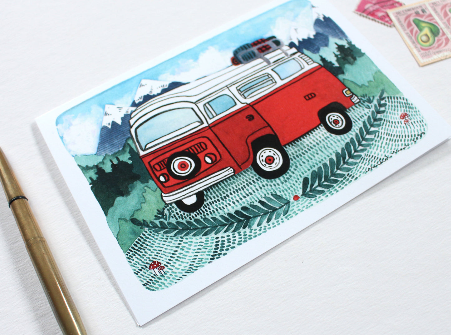 Whimsical Red Camper Van Greeting Card for Everyday Adventures