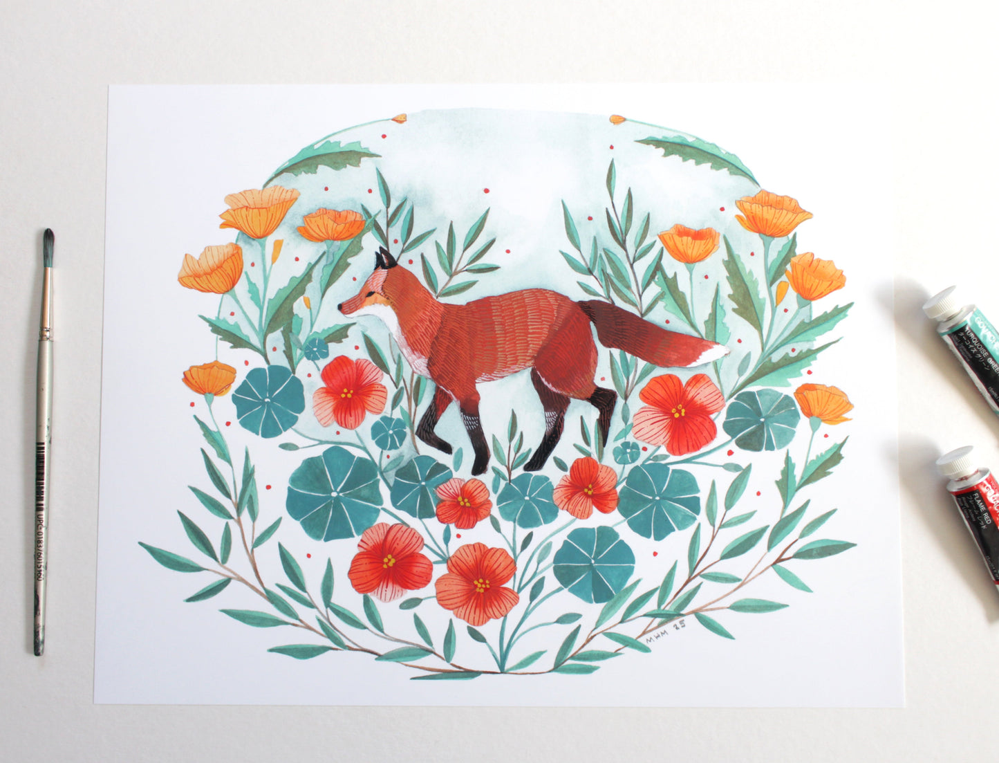 Red Fox Illustration Art Print with California Poppies and Nasturtium 11x14"
