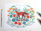 Red Fox Illustration Art Print with California Poppies and Nasturtium 11x14"