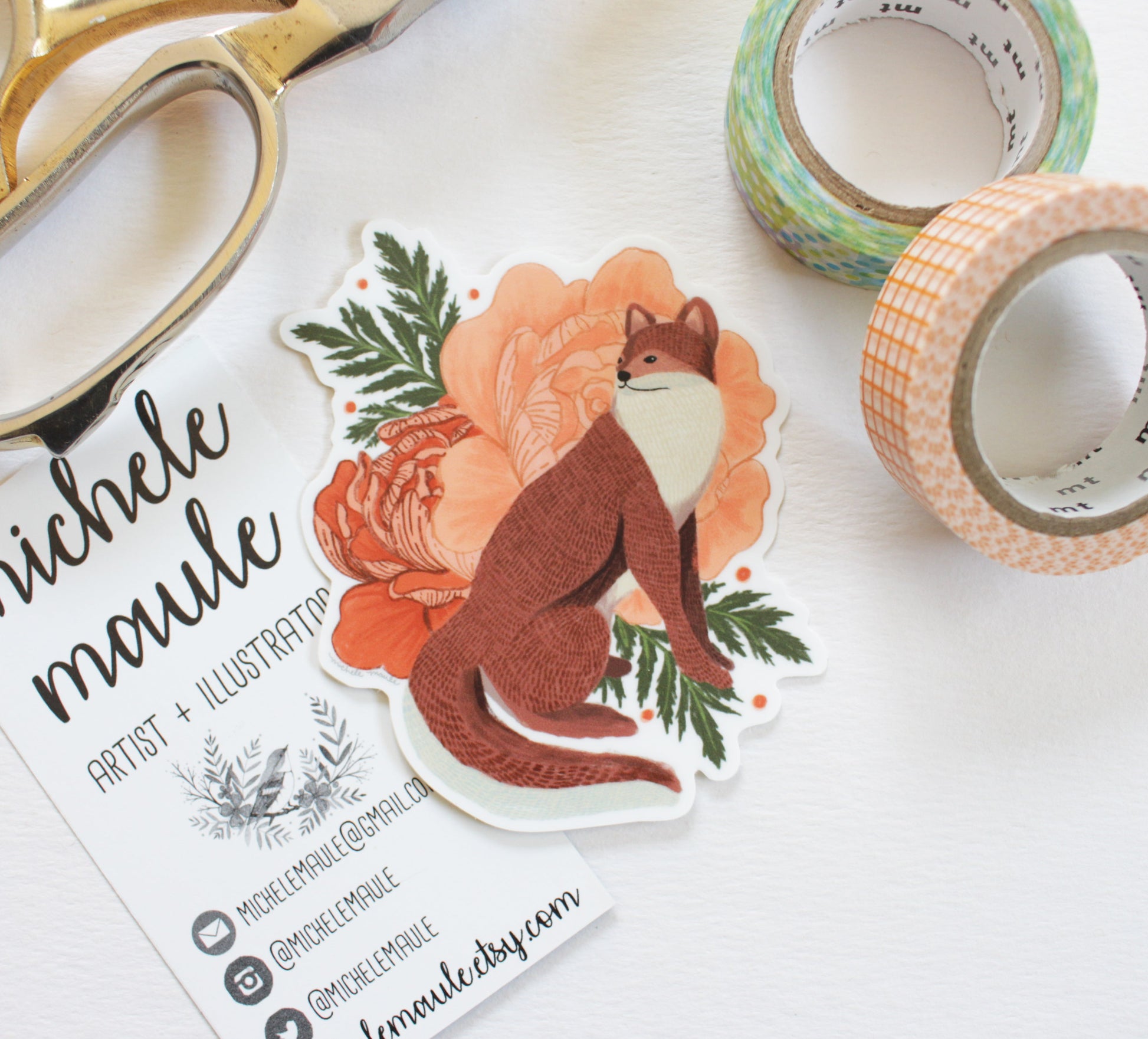 Sticker of a fox surrounded by peony flowers 