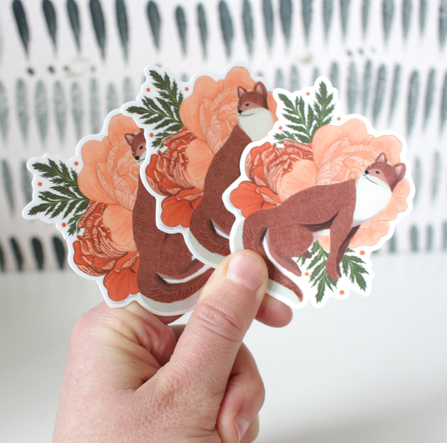 Adorable Red Fox Sticker surrounded by Peonies, Laptop Sticker