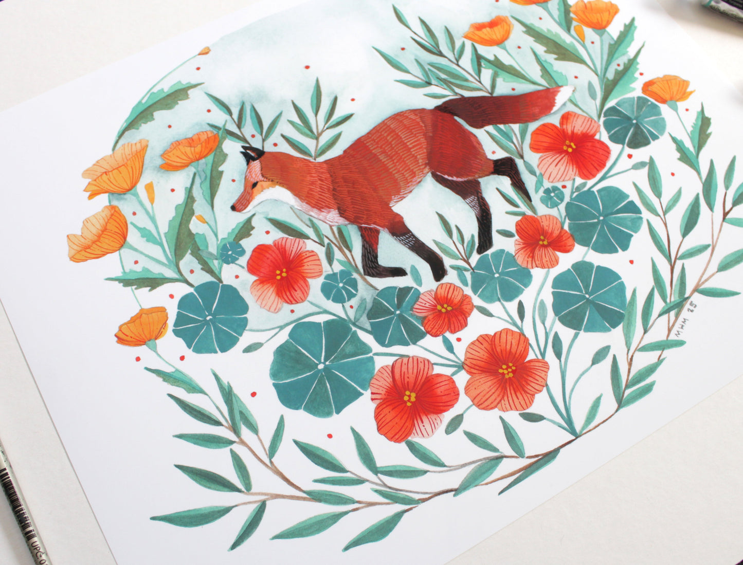 Red Fox Illustration Art Print with California Poppies and Nasturtium 11x14"