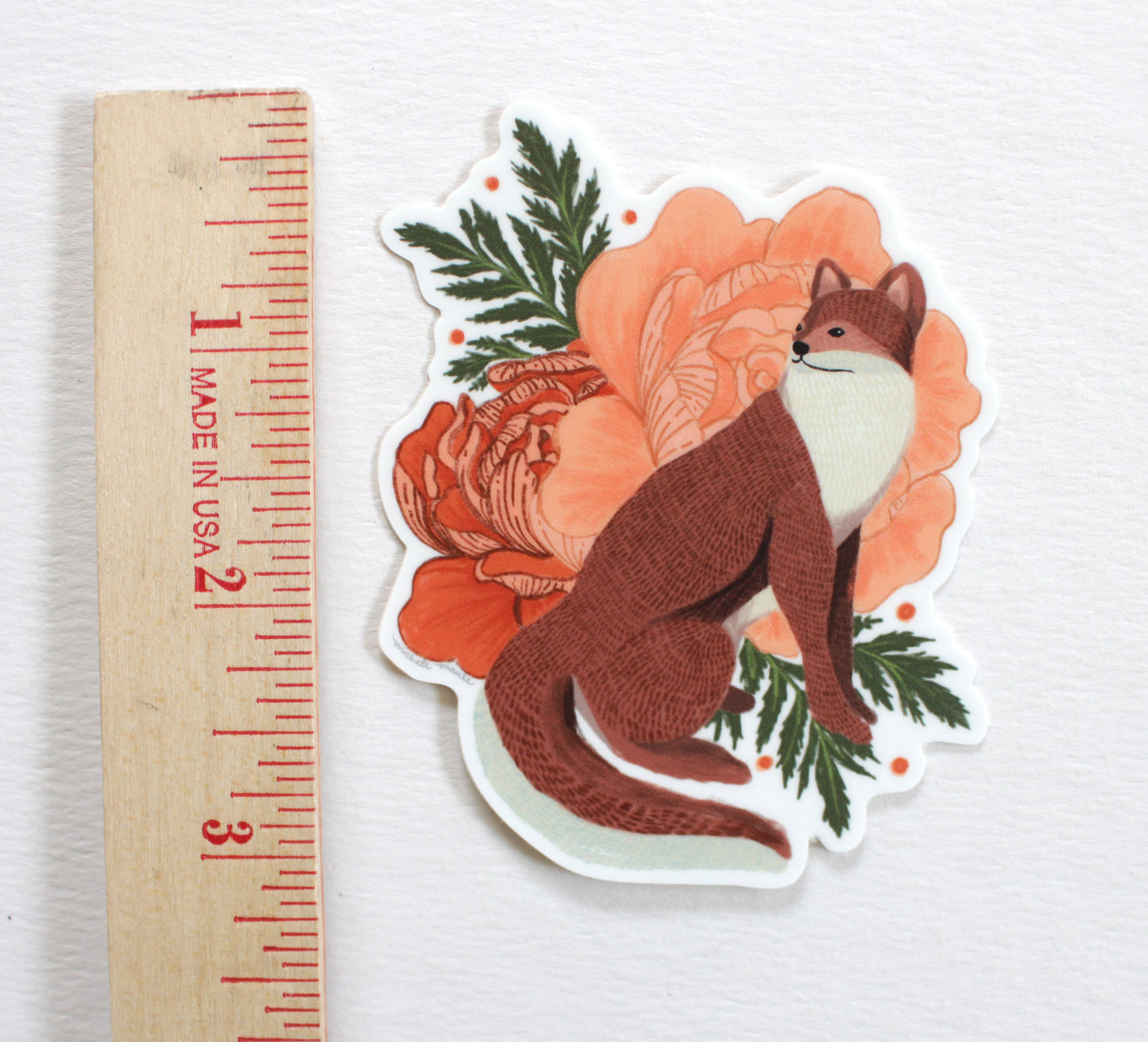 Adorable Red Fox Sticker surrounded by Peonies, Laptop Sticker