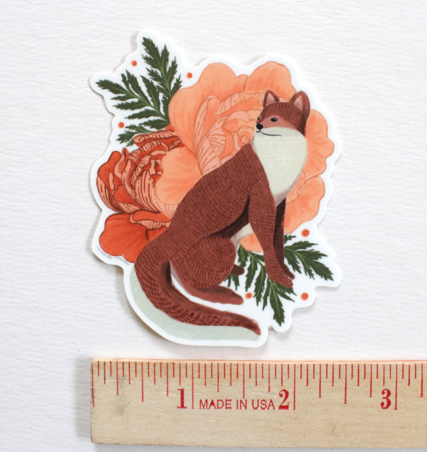 Adorable Red Fox Sticker surrounded by Peonies, Laptop Sticker