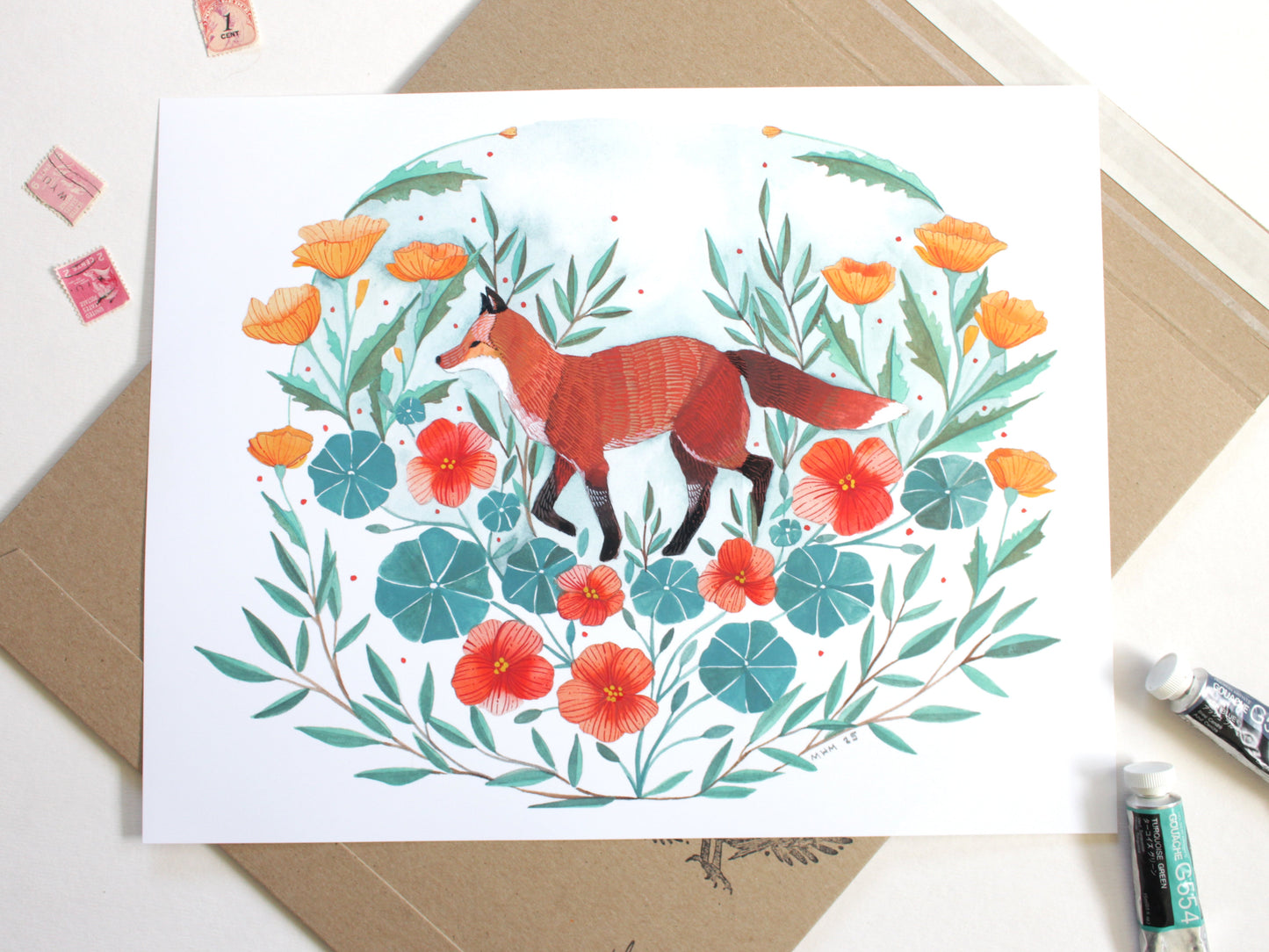 Red Fox Illustration Art Print with California Poppies and Nasturtium 11x14"