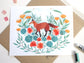Red Fox Illustration Art Print with California Poppies and Nasturtium 11x14"