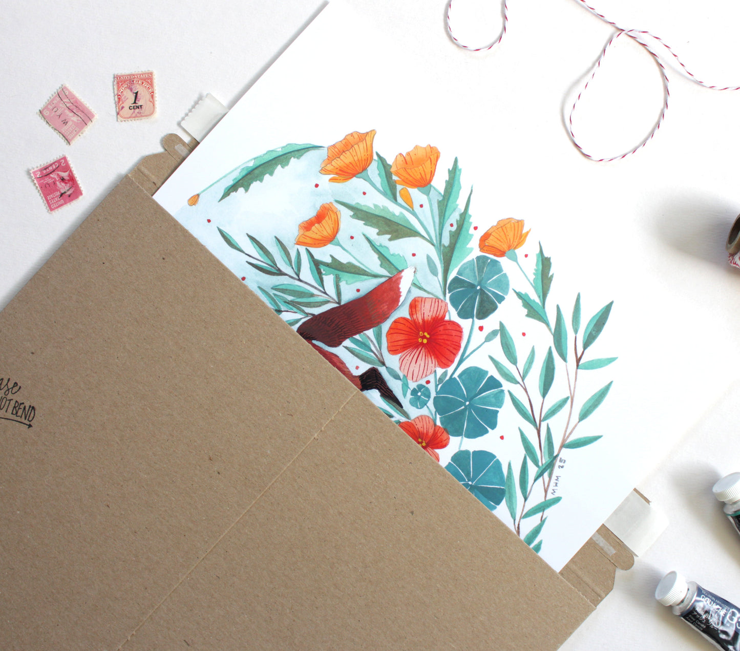 Red Fox Illustration Art Print with California Poppies and Nasturtium 11x14"
