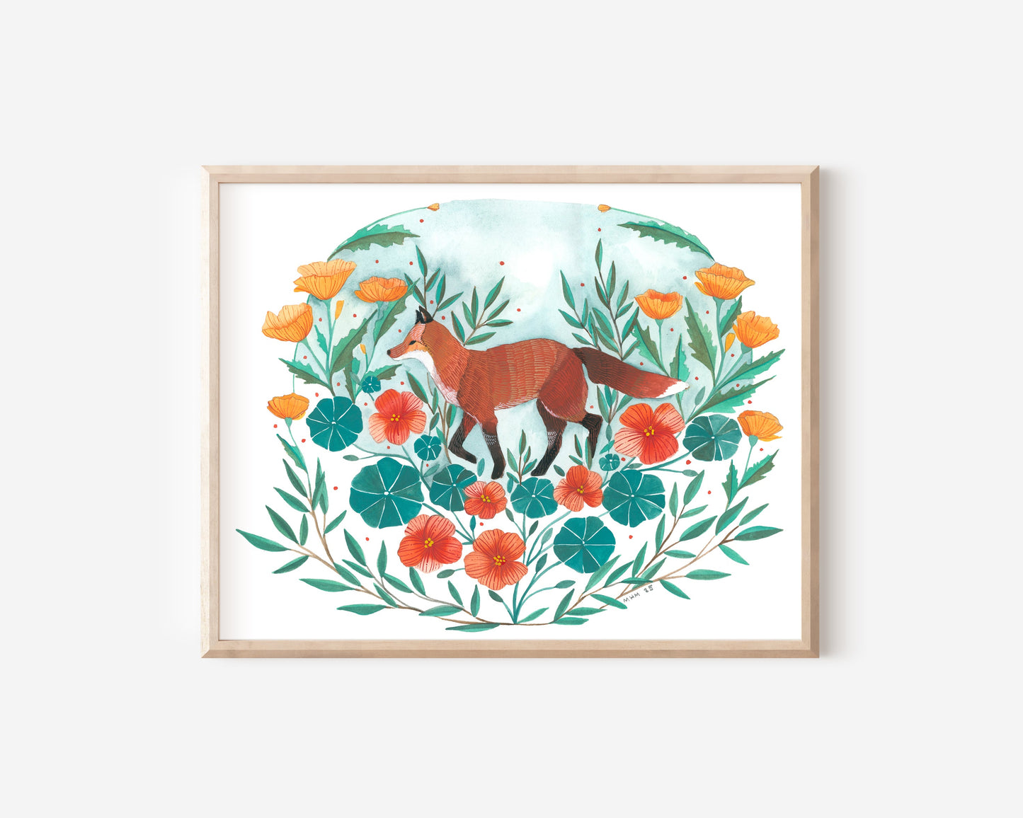 Red Fox Illustration Art Print with California Poppies and Nasturtium 11x14"