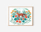 Red Fox Illustration Art Print with California Poppies and Nasturtium 11x14"