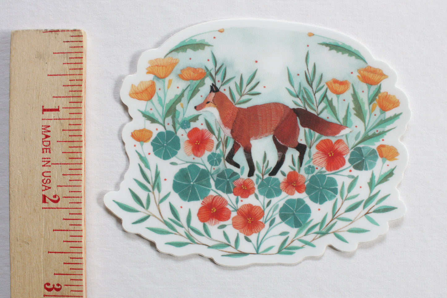 Hand Illustrated Red Fox with Nasturtium and Poppies Vinyl Sticker