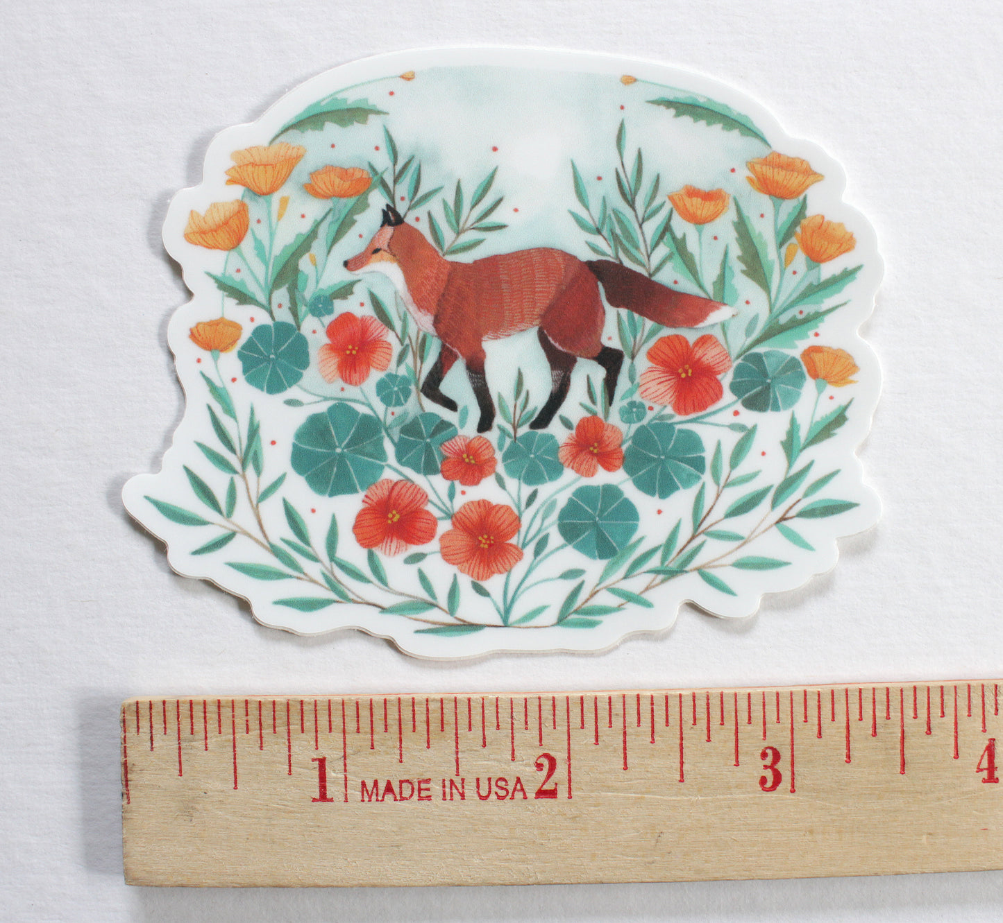Hand Illustrated Red Fox with Nasturtium and Poppies Vinyl Sticker