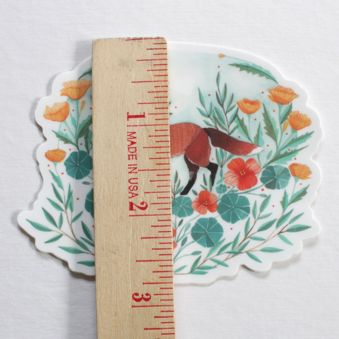 Hand Illustrated Red Fox with Nasturtium and Poppies Vinyl Sticker