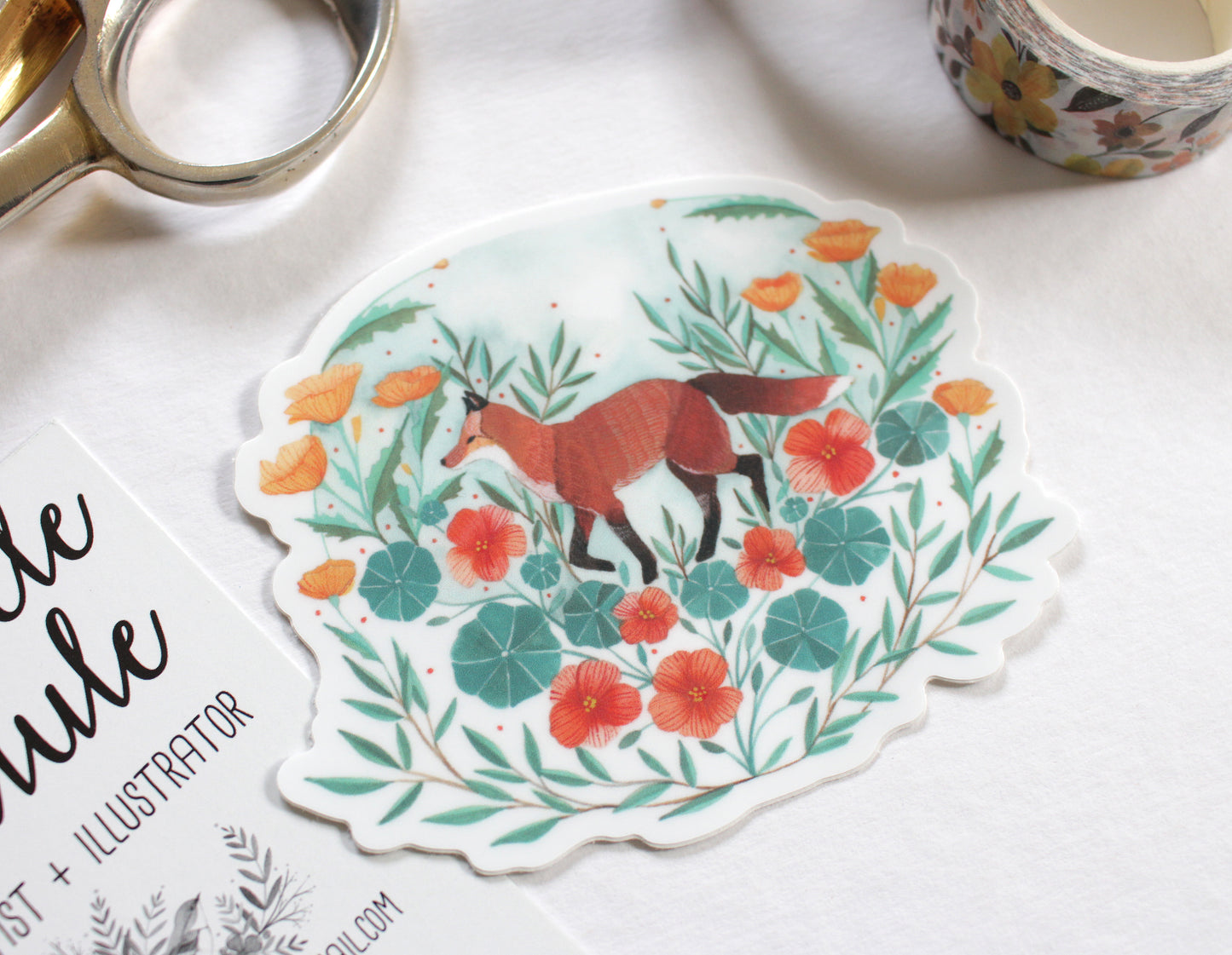 Hand Illustrated Red Fox with Nasturtium and Poppies Vinyl Sticker