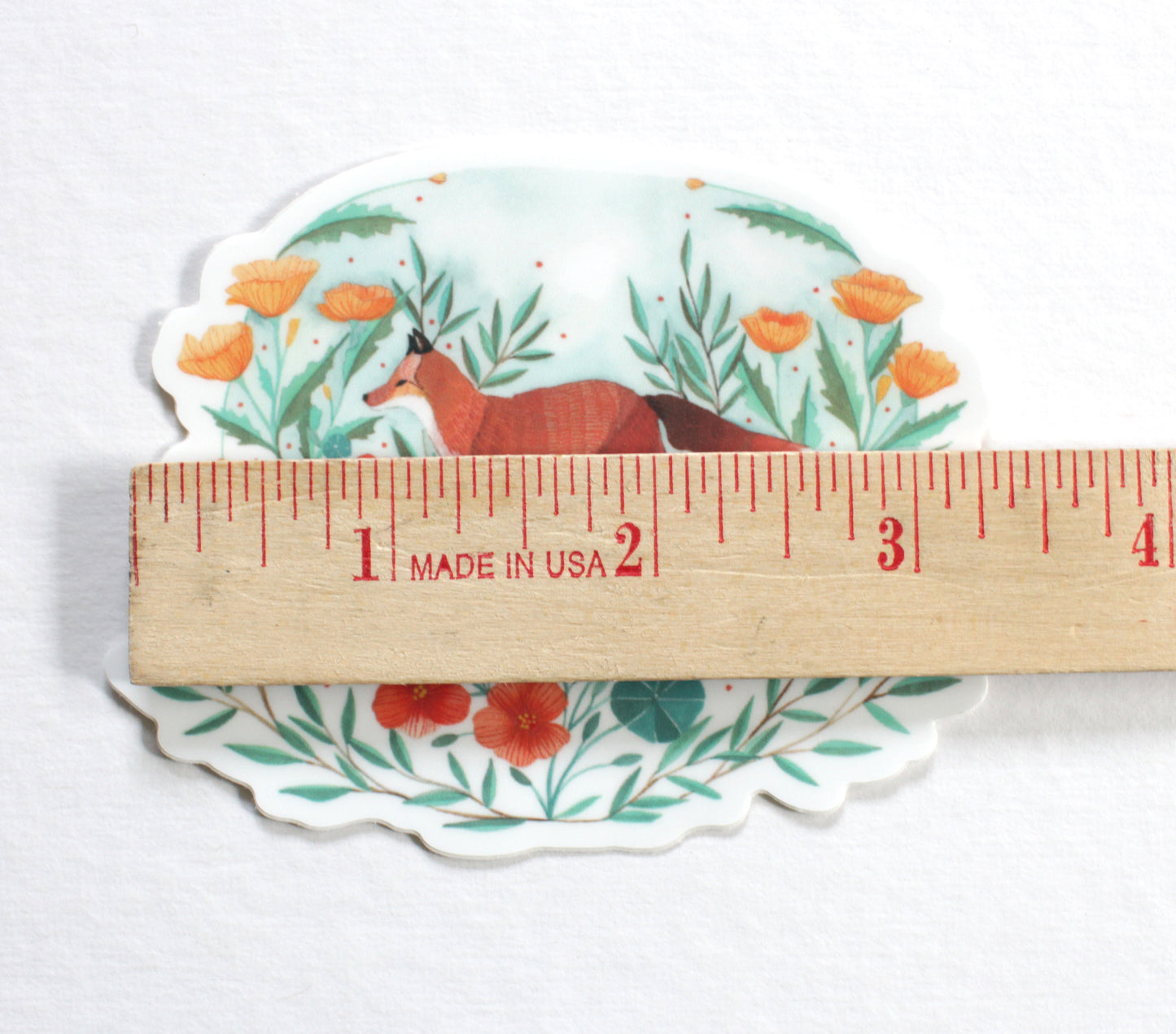 Hand Illustrated Red Fox with Nasturtium and Poppies Vinyl Sticker
