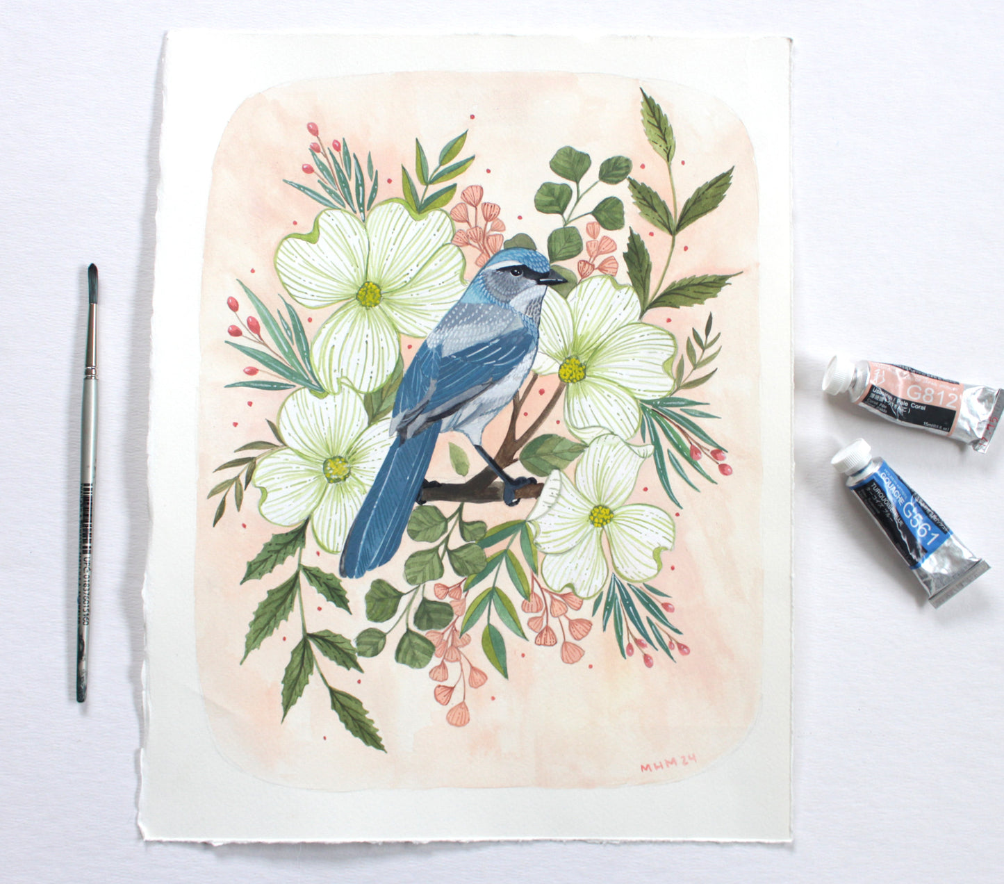 Original Painting - Spring Scrub Jay with Blossoms