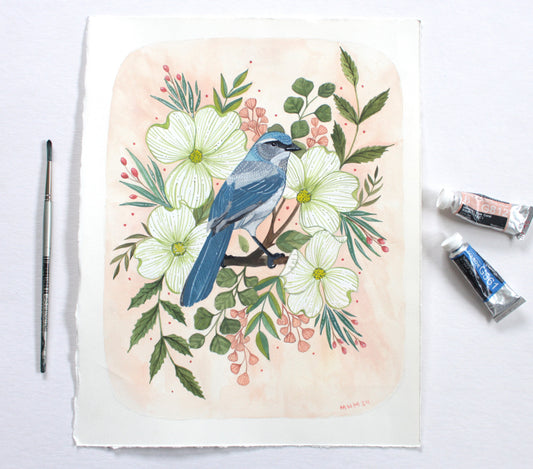 Original Painting - Spring Scrub Jay with Blossoms