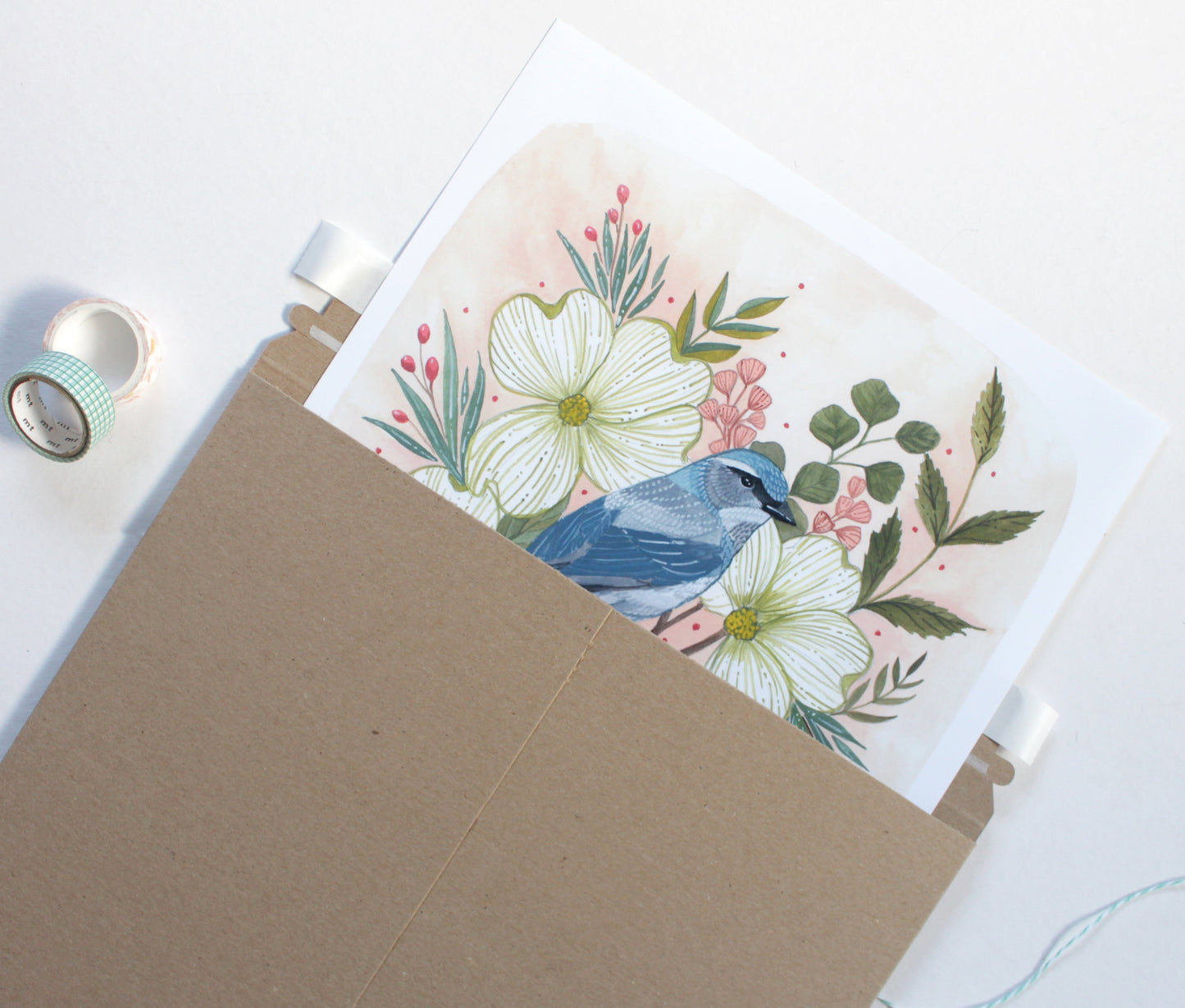 Garden Bird Art - 11x14 Scrub Jay with Dogwood Blossoms Illustration Print for Nature Lovers