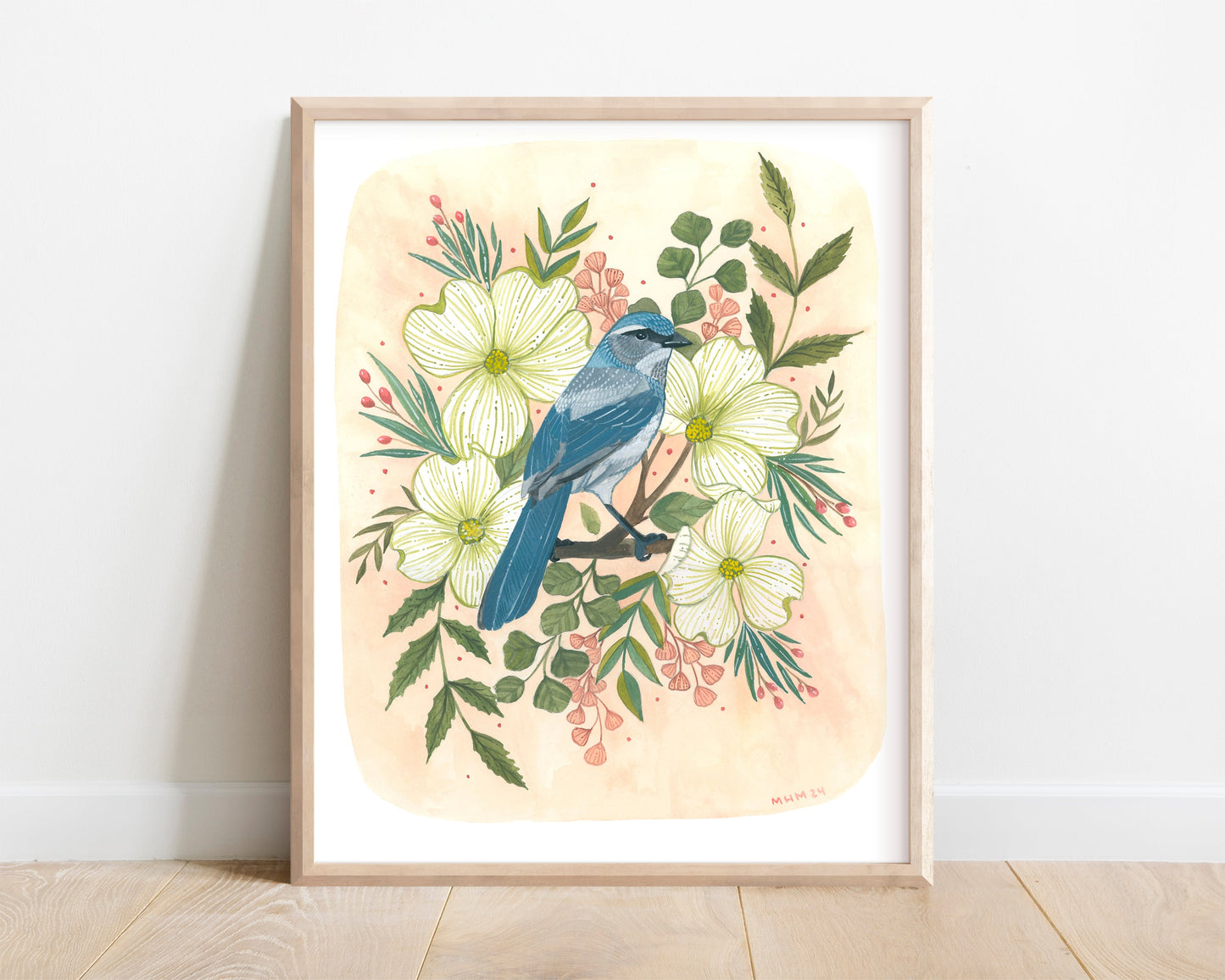 Springtime Blooms - Scrub Jay with Dogwood Blossoms Drawing - 8x10 Wall Decor Print