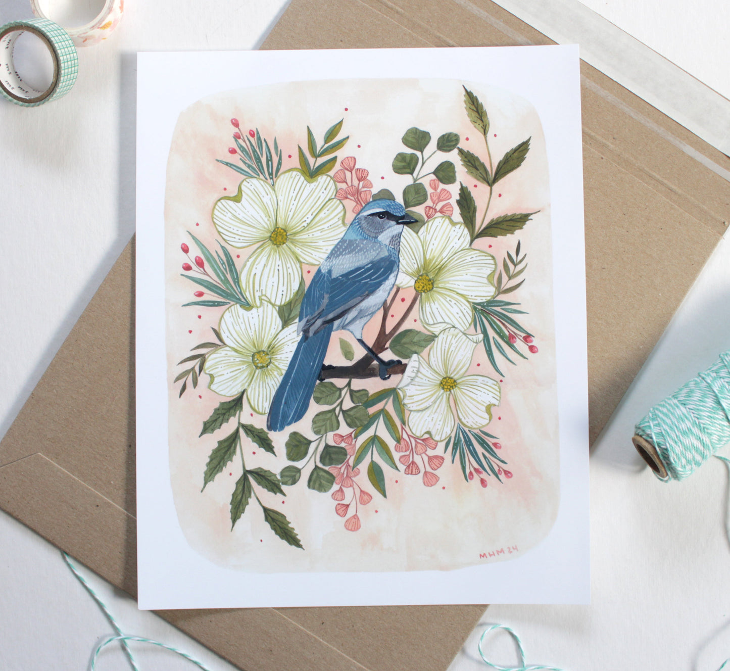 Springtime Blooms - Scrub Jay with Dogwood Blossoms Drawing - 8x10 Wall Decor Print