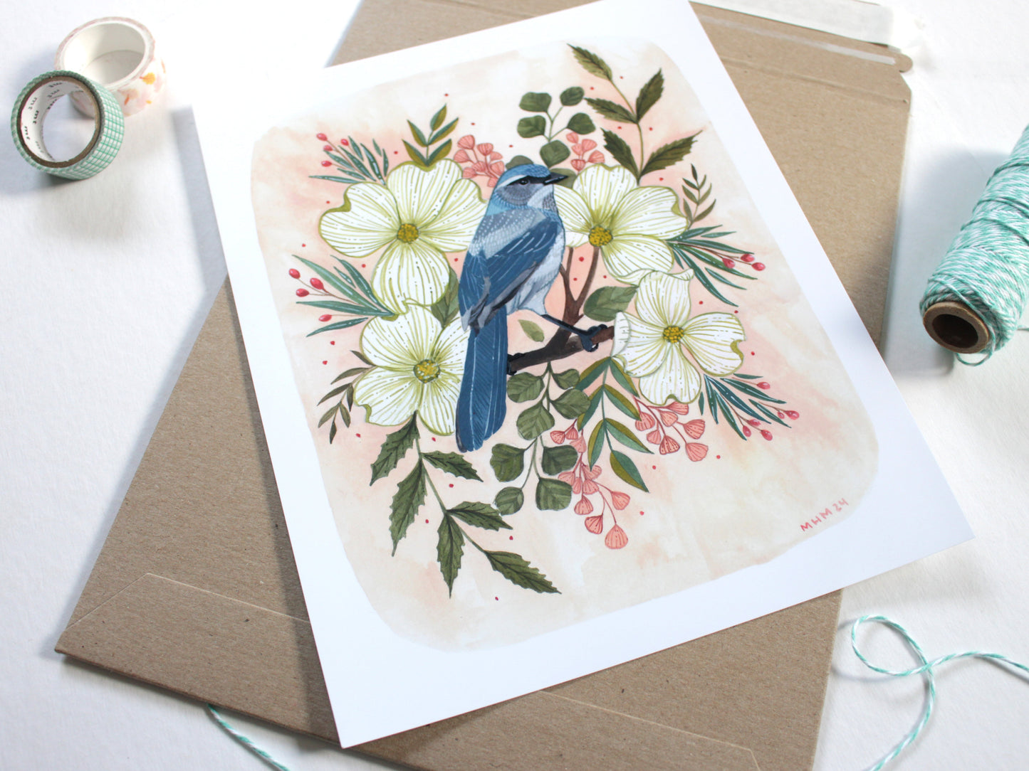 Springtime Blooms - Scrub Jay with Dogwood Blossoms Drawing - 8x10 Wall Decor Print
