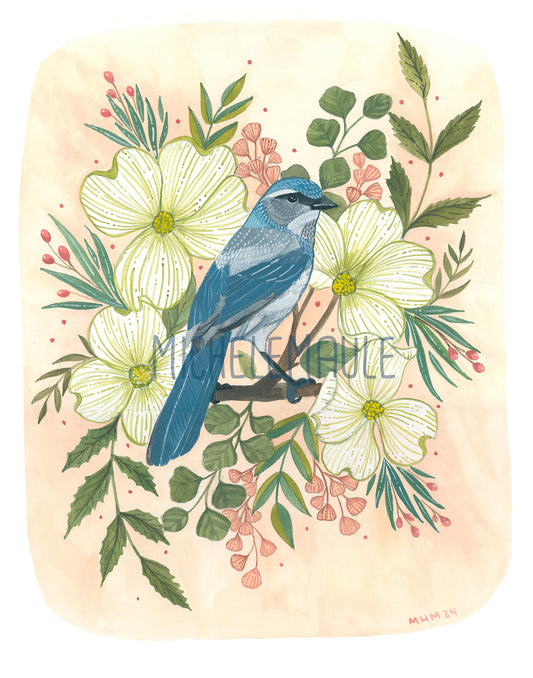 Illustration of a blue bird perched among flowers and leaves on a light pink background