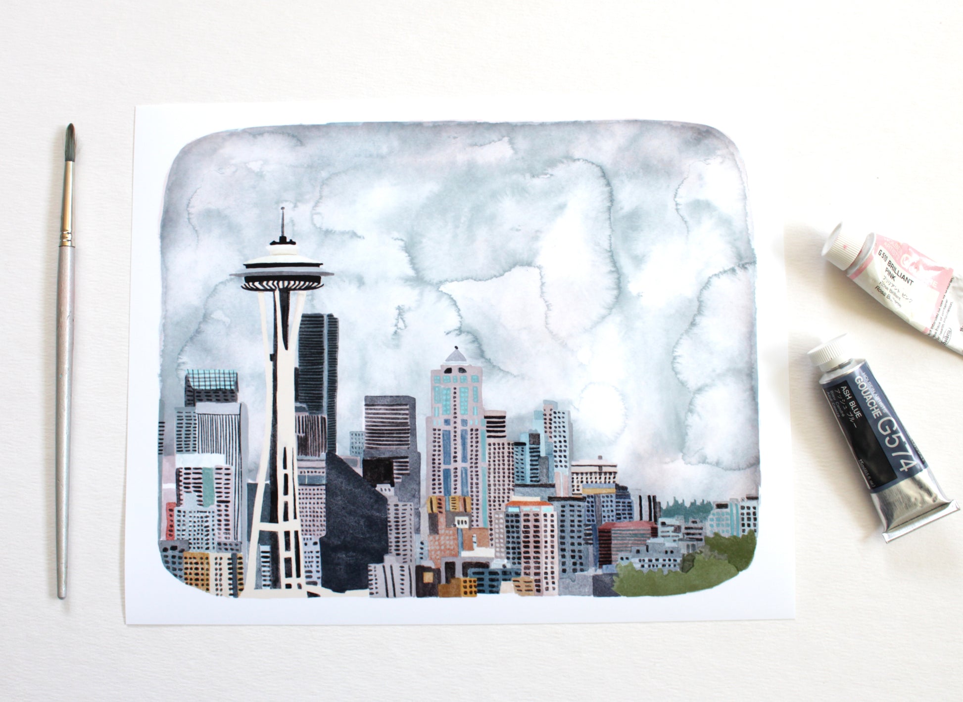 Print of the Seattle Skyline with the Space Needle. Looks like a watercolor painting.