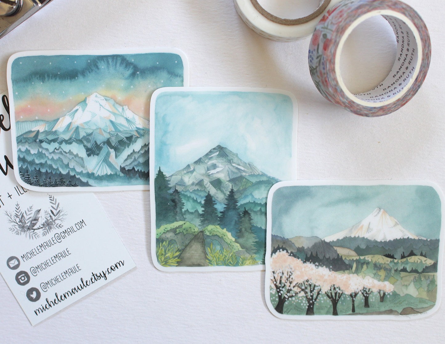 Set of Three Hand Illustrated  Vinyl Stickers - Three Views of Mt Hood