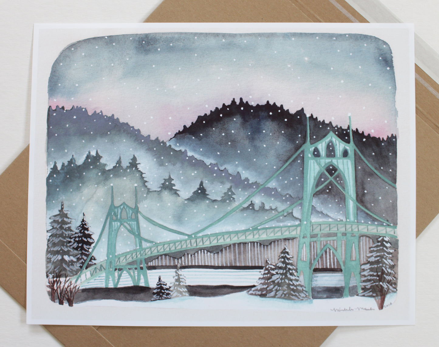 St Johns Bridge Portland, Oregon Art Illustration 11x14