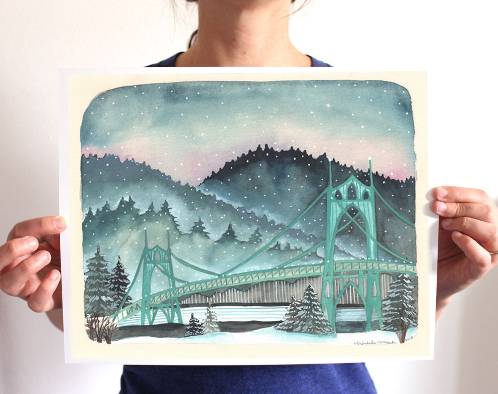 St Johns Bridge Portland, Oregon Art Illustration 11x14