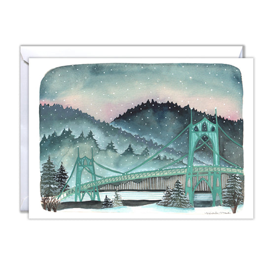 Portland Oregon Illustrated Card Snowy St Johns Bridge
