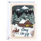 Greeting card with a winter scene featuring a cabin, trees, and deer, with 'stay cozy' text.