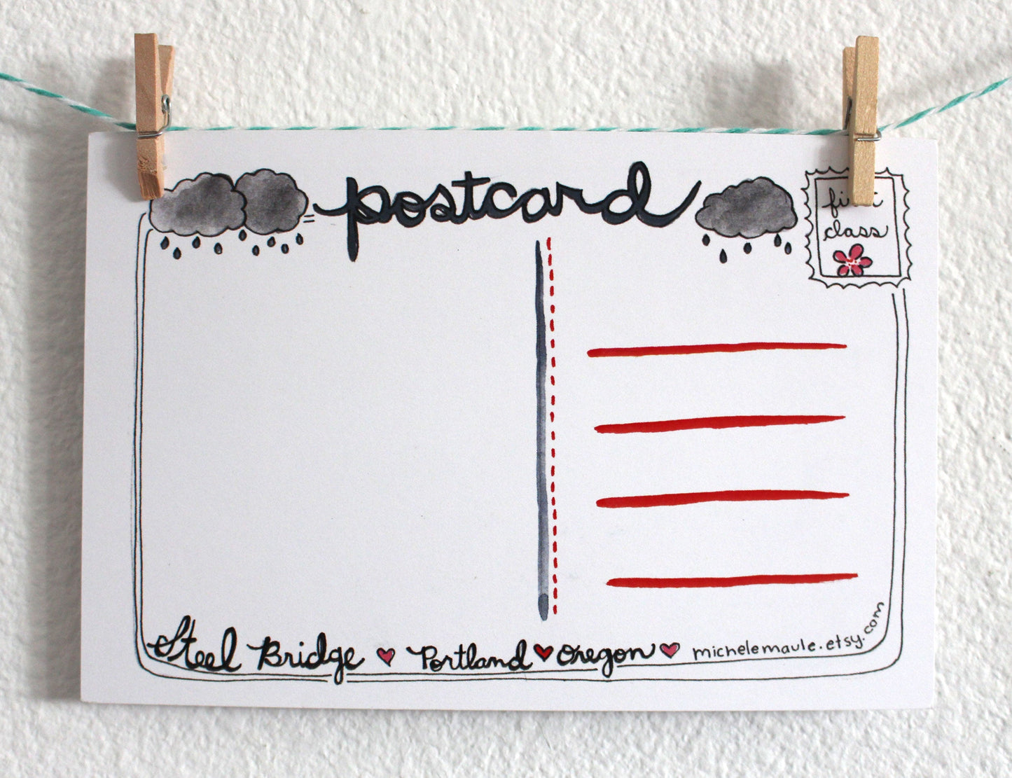 Portland, Oregon Steel Bridge with Cherry Blossoms Illustrated Postcard.