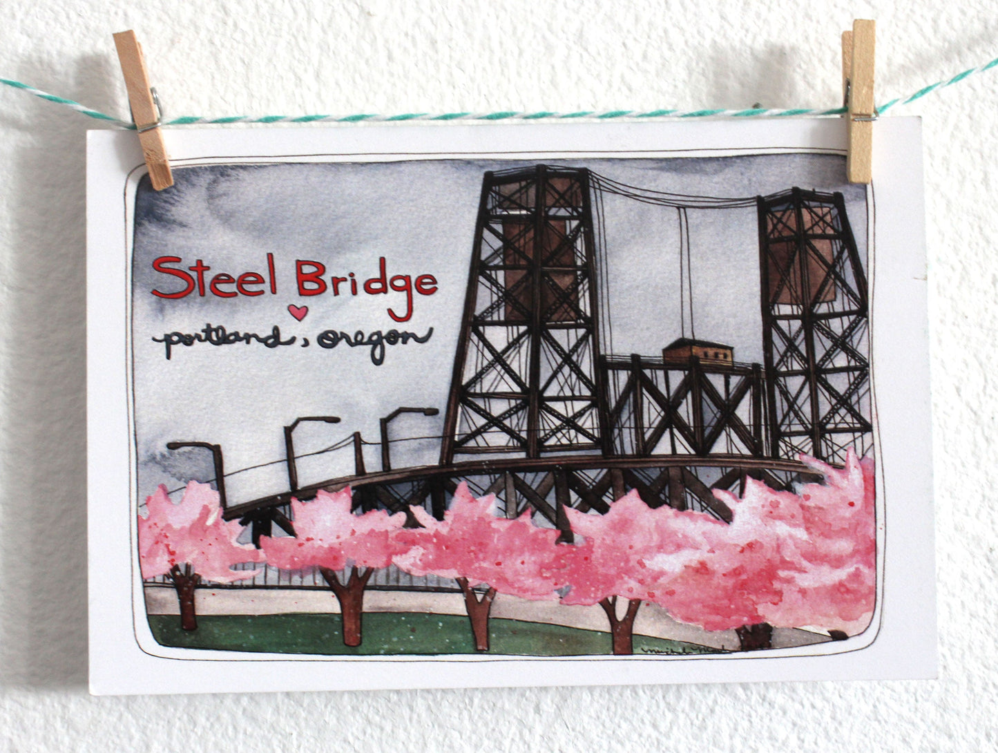 Portland, Oregon Steel Bridge with Cherry Blossoms Illustrated Postcard.