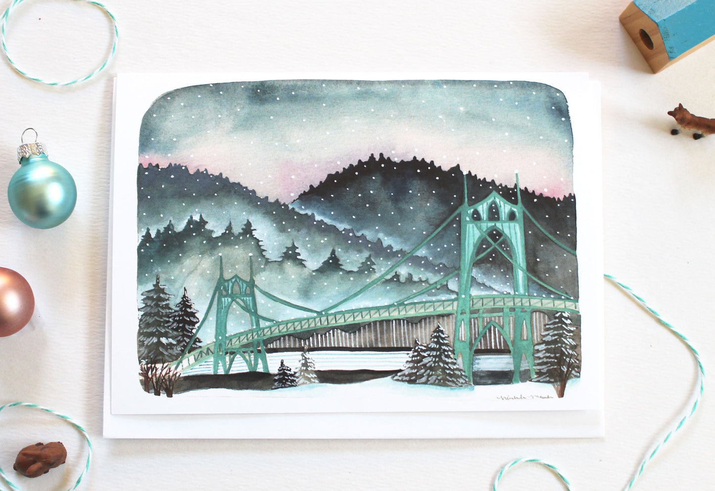 Portland Oregon Illustrated Card Snowy St Johns Bridge